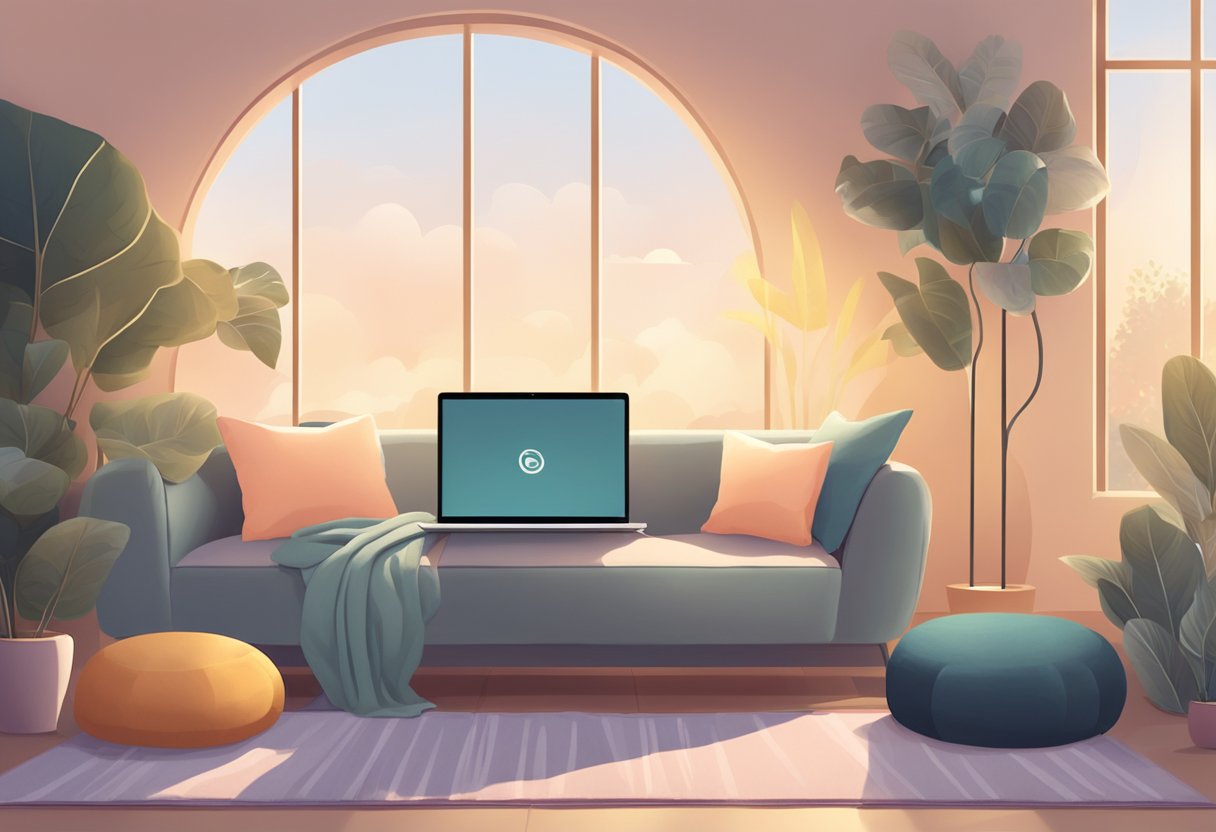 A serene room with a laptop, cozy cushions, and soft lighting. A peaceful atmosphere for online meditation coaching