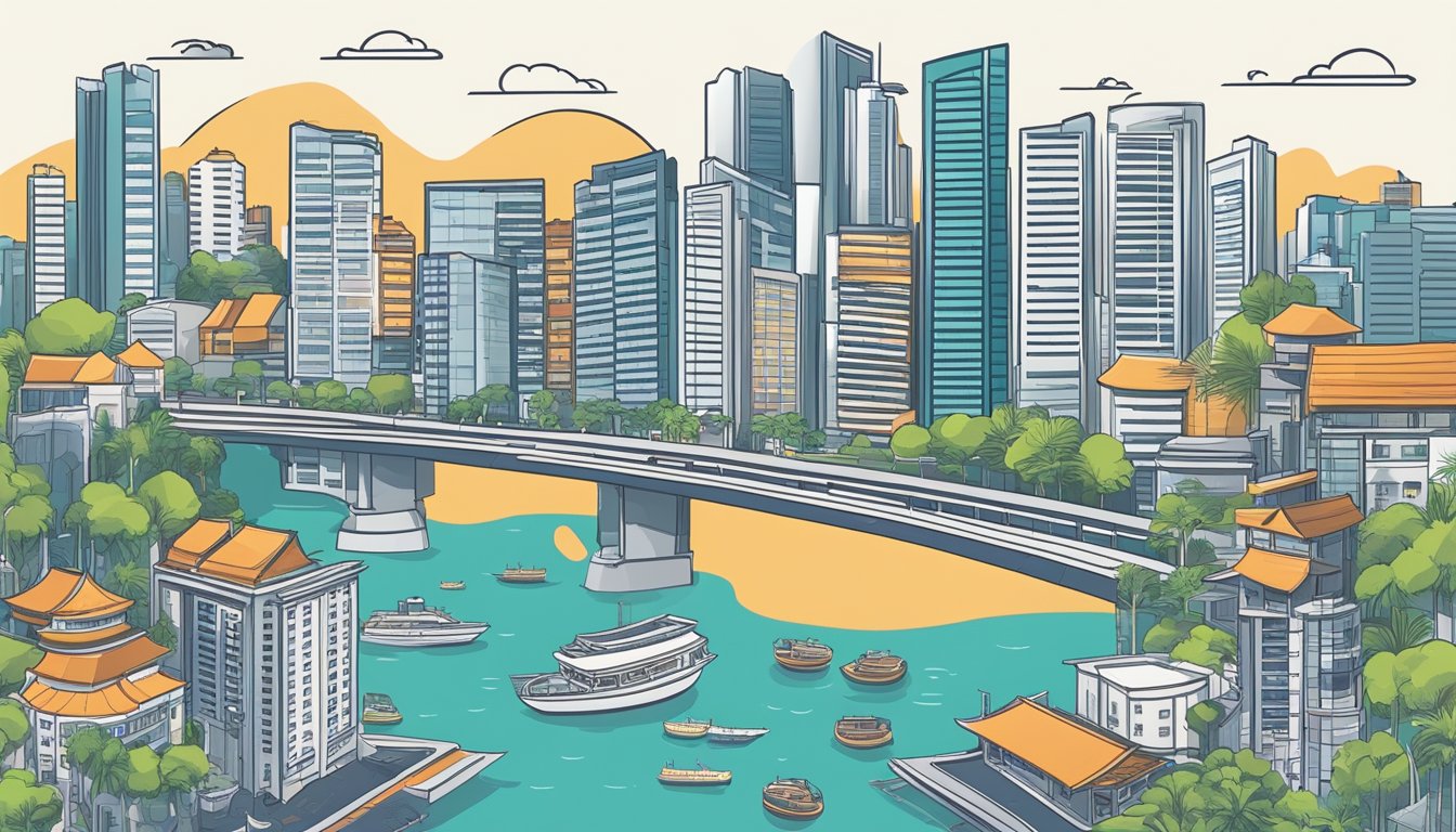 A serene cityscape of Singapore with various sources of passive income, such as real estate, stocks, and businesses, depicted through symbols and icons
