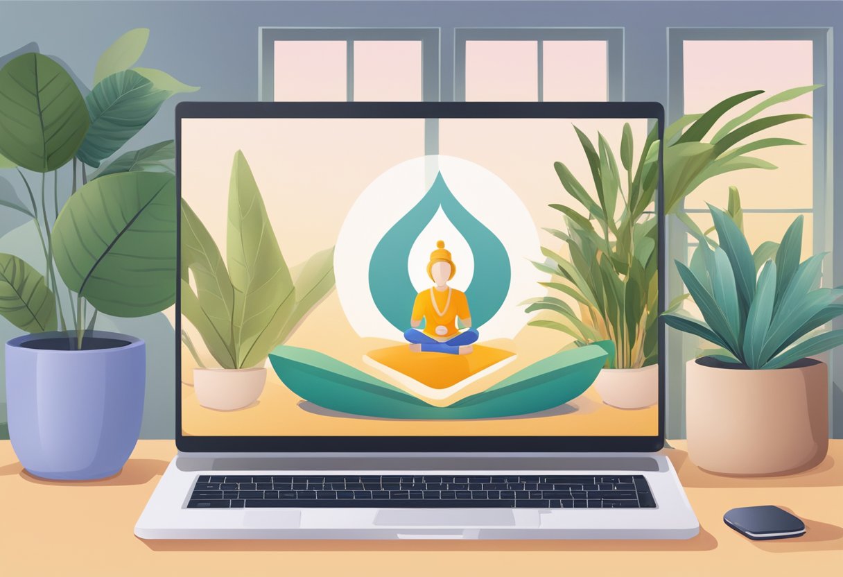 A laptop displaying a meditation platform, surrounded by calming decor and a serene atmosphere