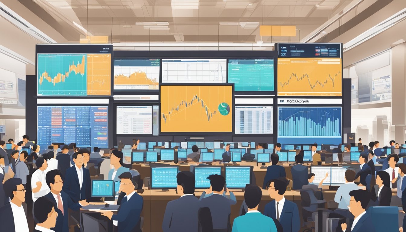 A bustling stock exchange floor in Singapore, with traders gesturing and screens displaying stock prices, showcasing the excitement and potential for passive income through investing