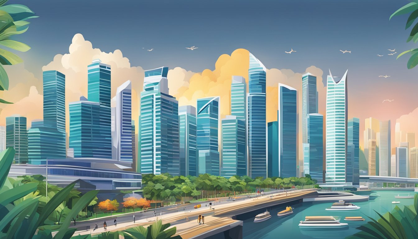 A bustling cityscape with skyscrapers and modern buildings in Singapore, showcasing the thriving real estate market and investment opportunities for generating passive income