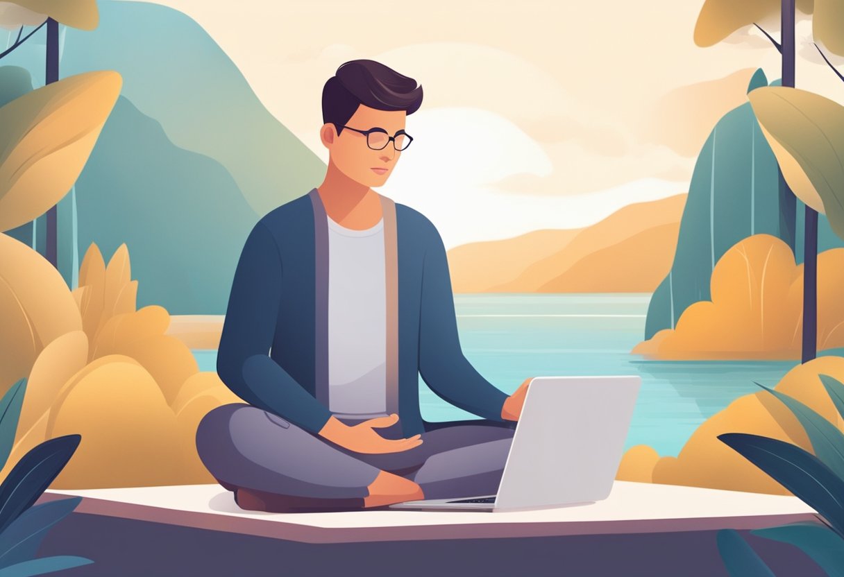 A serene person sits cross-legged, eyes closed, surrounded by a peaceful environment. A laptop or smartphone displays an online meditation coaching session