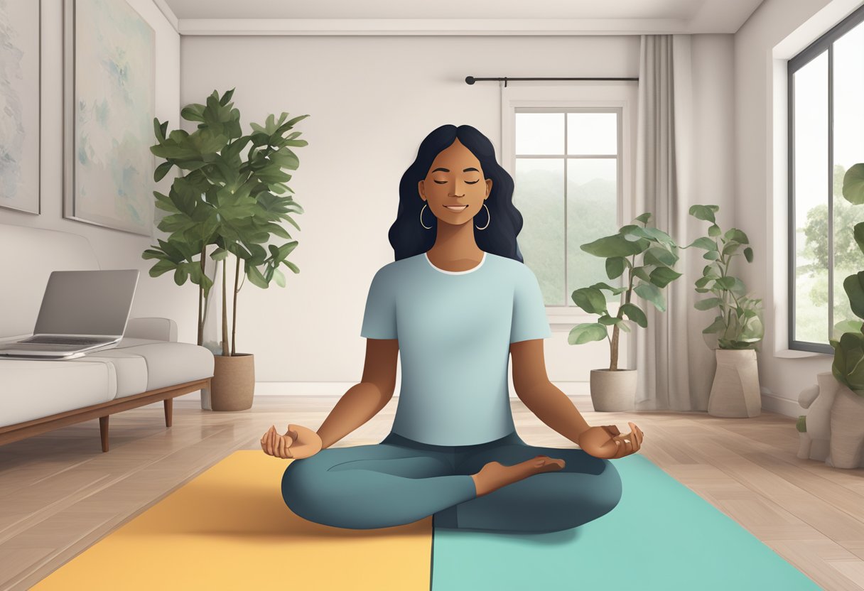 A serene online meditation coach guides a virtual yoga and mindfulness session