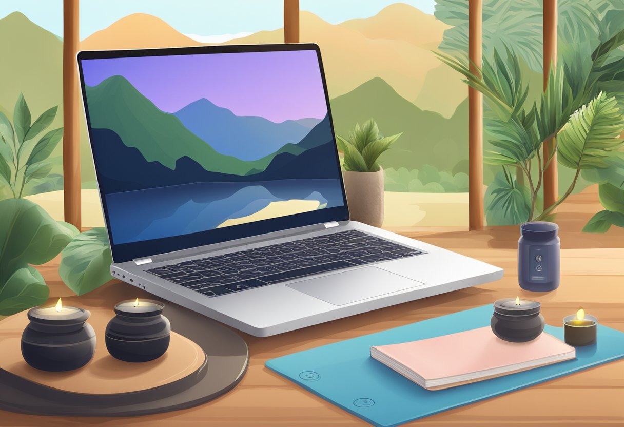 A laptop open on a peaceful, nature-inspired background. A yoga mat and props nearby, with a calming essential oil diffuser in the background