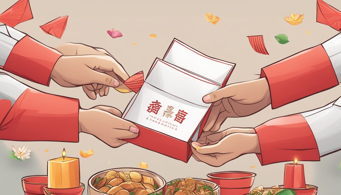 A red envelope being handed over with both hands, symbolizing the tradition of giving Ang Baos during a Singaporean celebration