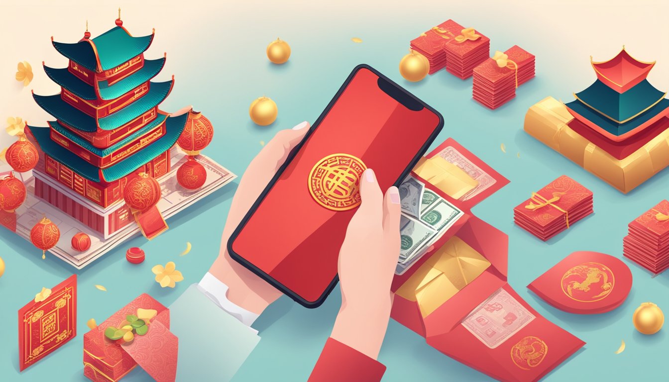 A hand holding a smartphone displaying a digital red envelope with a money transfer app open, surrounded by traditional Chinese New Year decorations