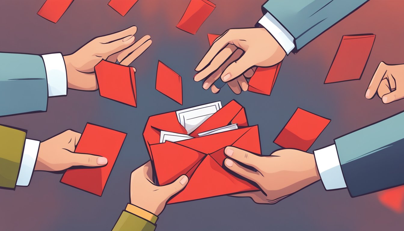 A pair of hands holds out a red envelope, while another pair of hands reaches out to receive it. A festive atmosphere surrounds the exchange