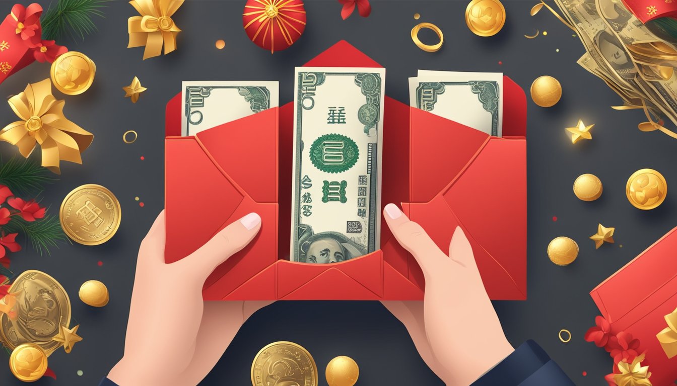 A hand holding a red envelope (angbao) with money inside, surrounded by festive decorations and symbols of prosperity