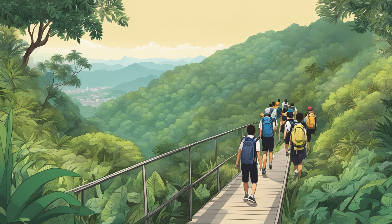 Visitors hike Bukit Timah Hill's lush trails, passing through dense foliage and rocky terrain, eventually reaching the summit with panoramic views