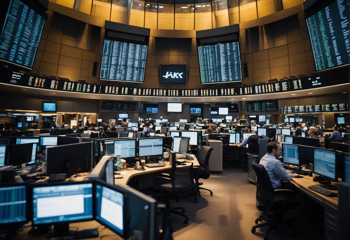 A bustling stock exchange floor with traders frantically buying and selling stocks represents day trading, while a serene office with charts and graphs symbolizes long-term investing