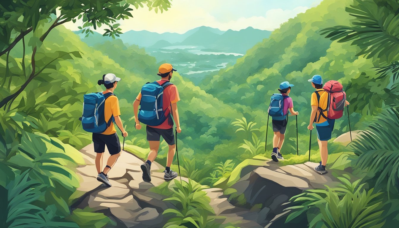 Hikers ascend Bukit Timah Hill, navigating lush trails and rocky terrain, surrounded by dense foliage and wildlife
