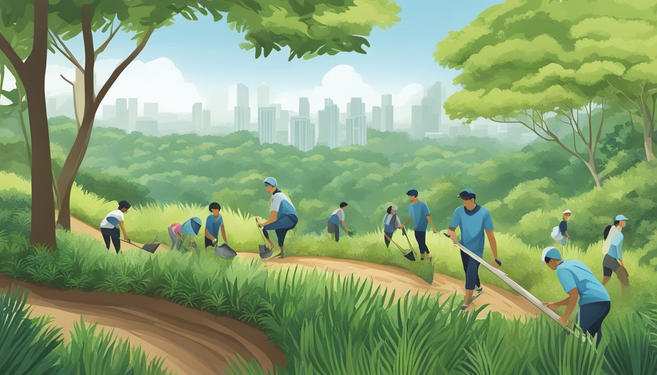 Lush greenery surrounds volunteers planting trees on Bukit Timah Hill, Singapore, as they work to preserve the natural habitat