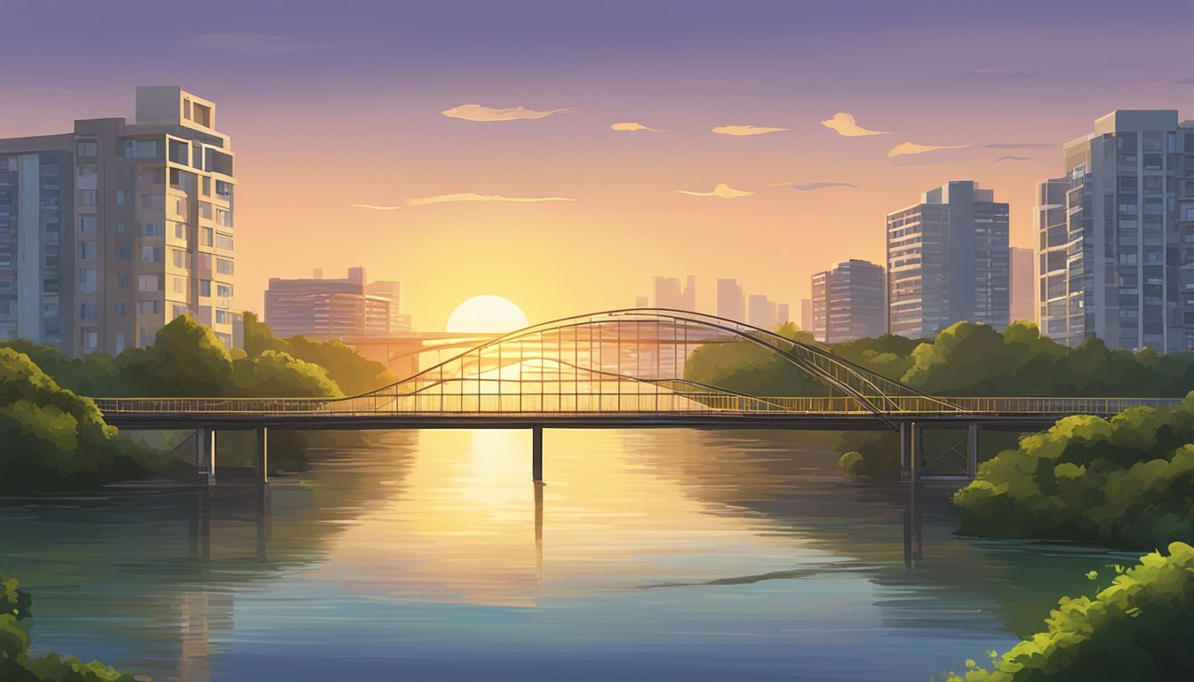 The sun sets over Punggol Point, casting a warm glow on the lush greenery and calm waters. A bridge leads to Coney Island, with a distant MRT station visible in the background