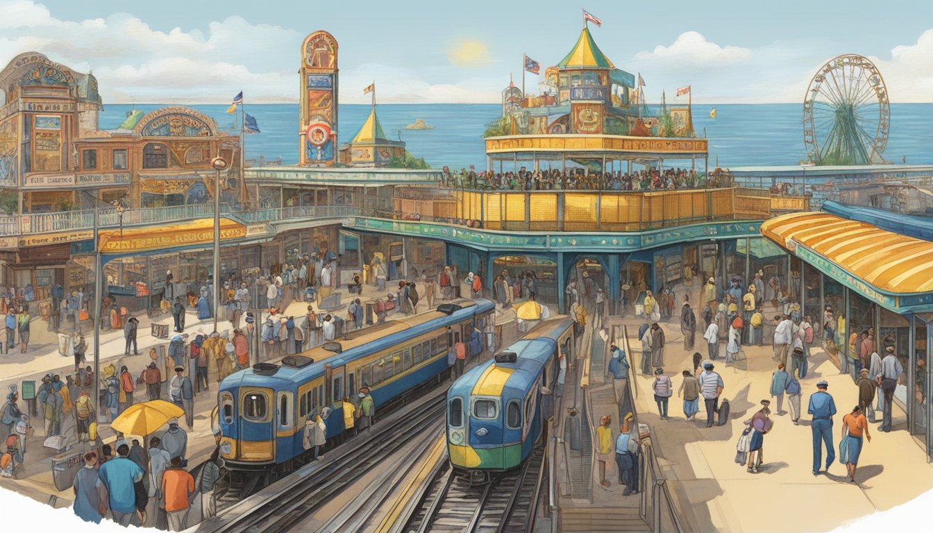 People enjoying rides, games, and food at Coney Island. A train arriving at the station, passengers disembarking