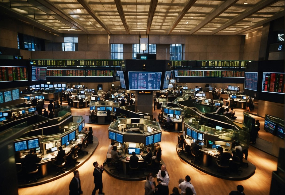 A bustling stock exchange floor, with traders frantically making quick buy and sell decisions for day trading, while long-term investors calmly analyze data and strategize for the future