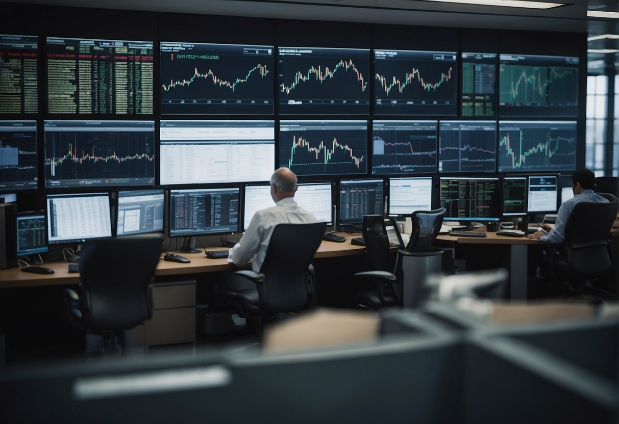 A bustling stock exchange floor with traders making rapid transactions vs. a serene office with a person analyzing charts and graphs for long-term investments