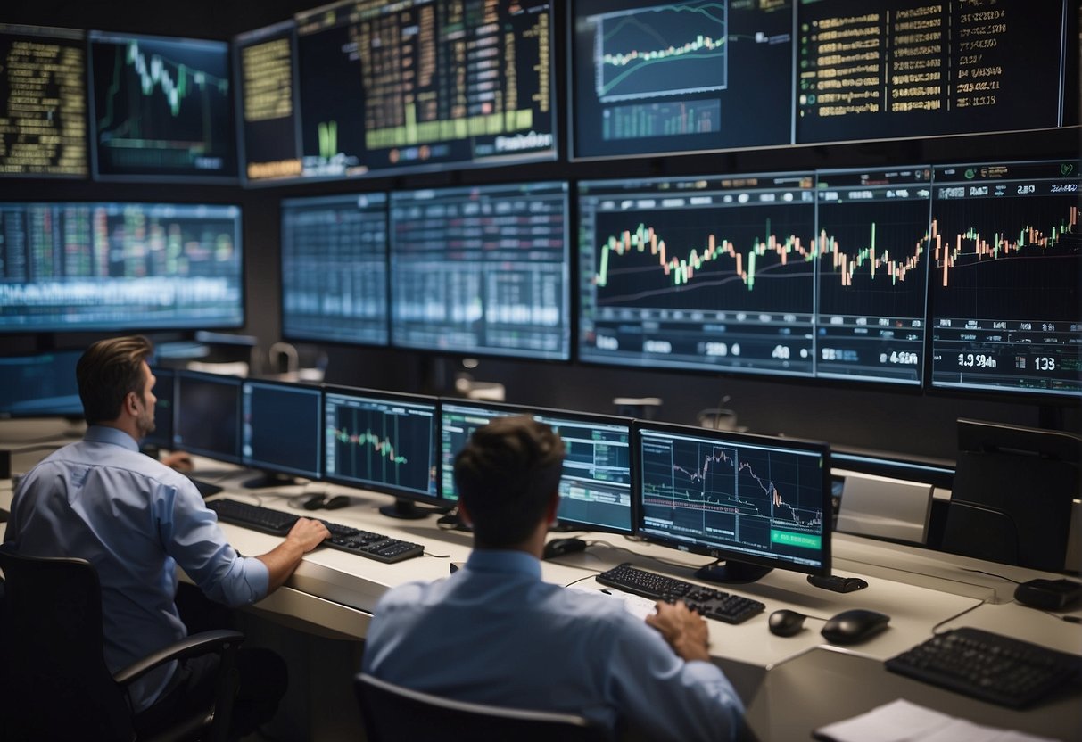 A bustling stock exchange with traders making quick, frequent transactions vs. a tranquil office with investors studying charts and holding onto stocks for extended periods