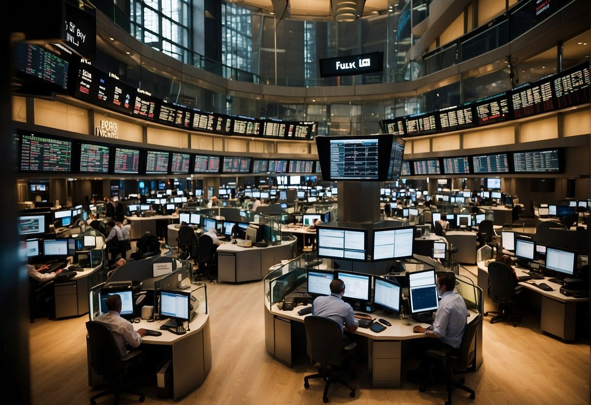 A bustling stock exchange floor with traders frantically buying and selling stocks for quick profits, contrasted with a serene office setting where investors carefully analyze long-term investment opportunities