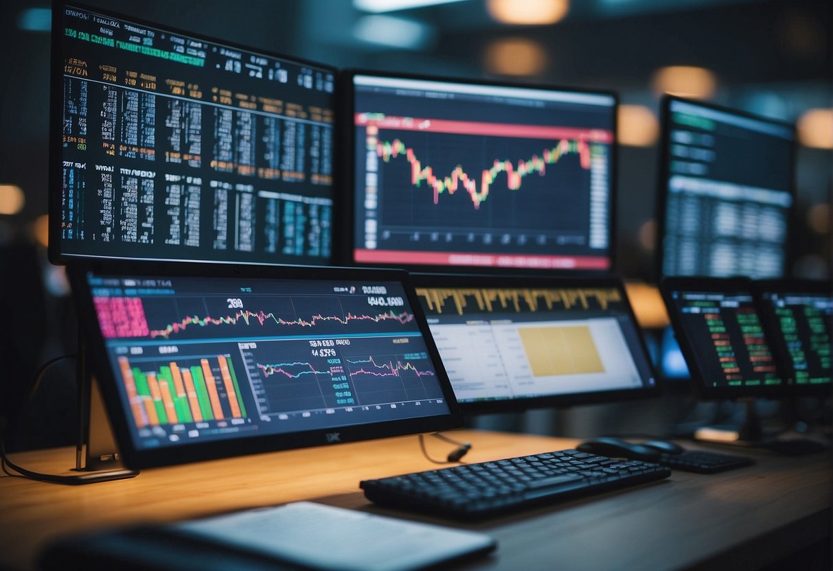 A stock market with two distinct sections: one for day trading, with fast-paced activity and high volume, and another for long-term investing, with slower, more deliberate trading and research