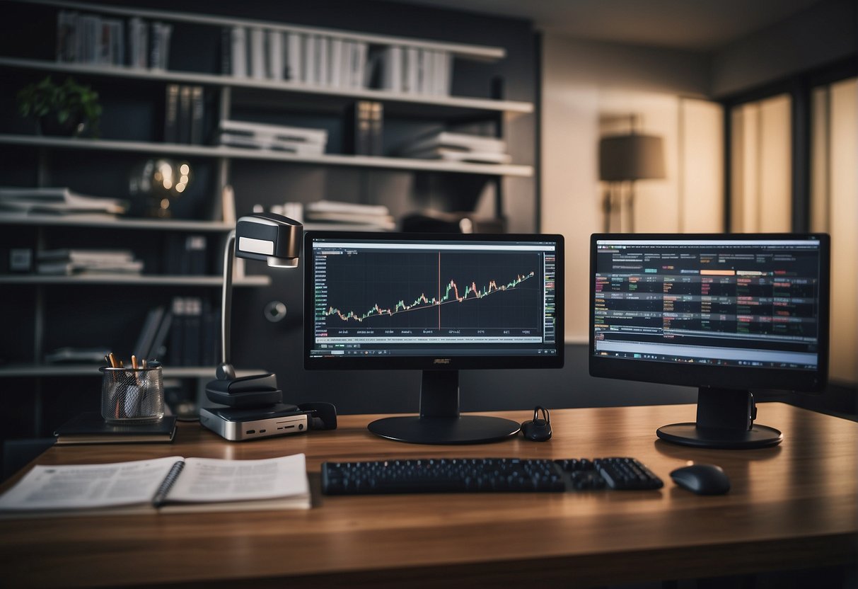 A desk with a computer, stock charts, and financial reports. A calendar on the wall shows daily dates. Books on day trading and long-term investing are on the shelf