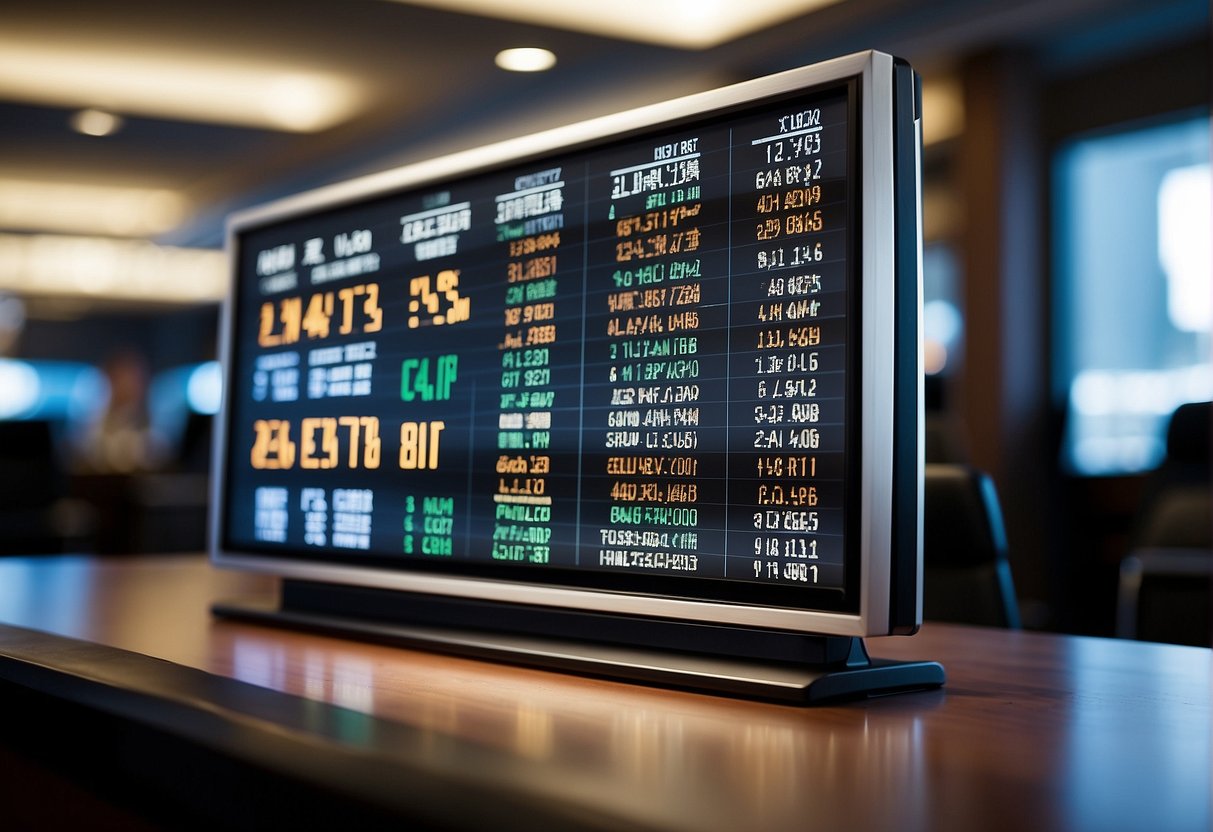 A stock market ticker showing fluctuating prices, with a calendar and clock in the background to represent short-term day trading vs long-term investing