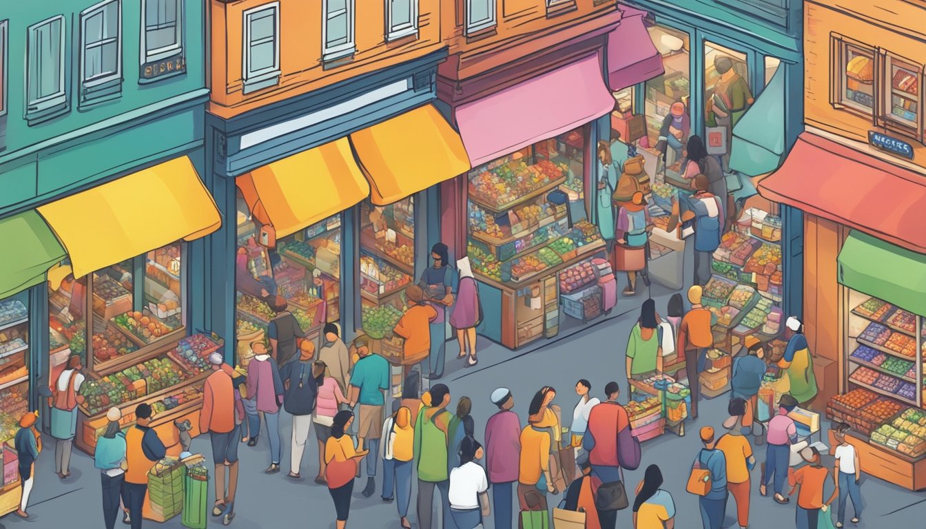 A bustling market scene with colorful storefronts and busy shoppers browsing through a variety of products. Store owners are engaging with customers, promoting their items, and showcasing special offers to attract attention