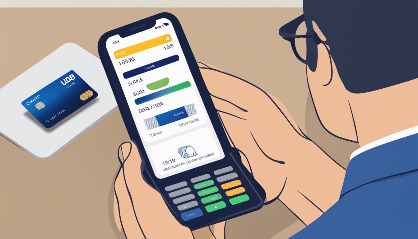 A credit card being swiped through a card reader with a "Credit Limit Increase" notification on the screen, while a person holds a smartphone with the UOB banking app open, showing the credit card details
