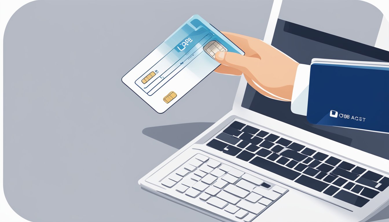 A hand holding a UOB credit card with a computer screen showing the application process and a graph indicating an increase in credit limit
