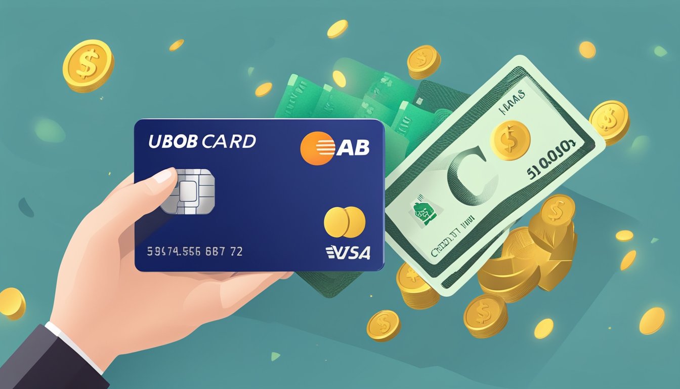 A hand holding a UOB credit card with a "Credit Limit Increase" notification on the screen, surrounded by a glowing arrow pointing upwards and a pile of cash