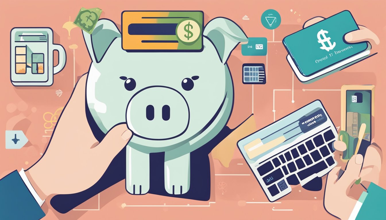 A hand holding a UOB credit card with a "+" sign next to it, surrounded by symbols representing various methods to increase spending power, such as a piggy bank, a dollar sign, and a graph showing growth