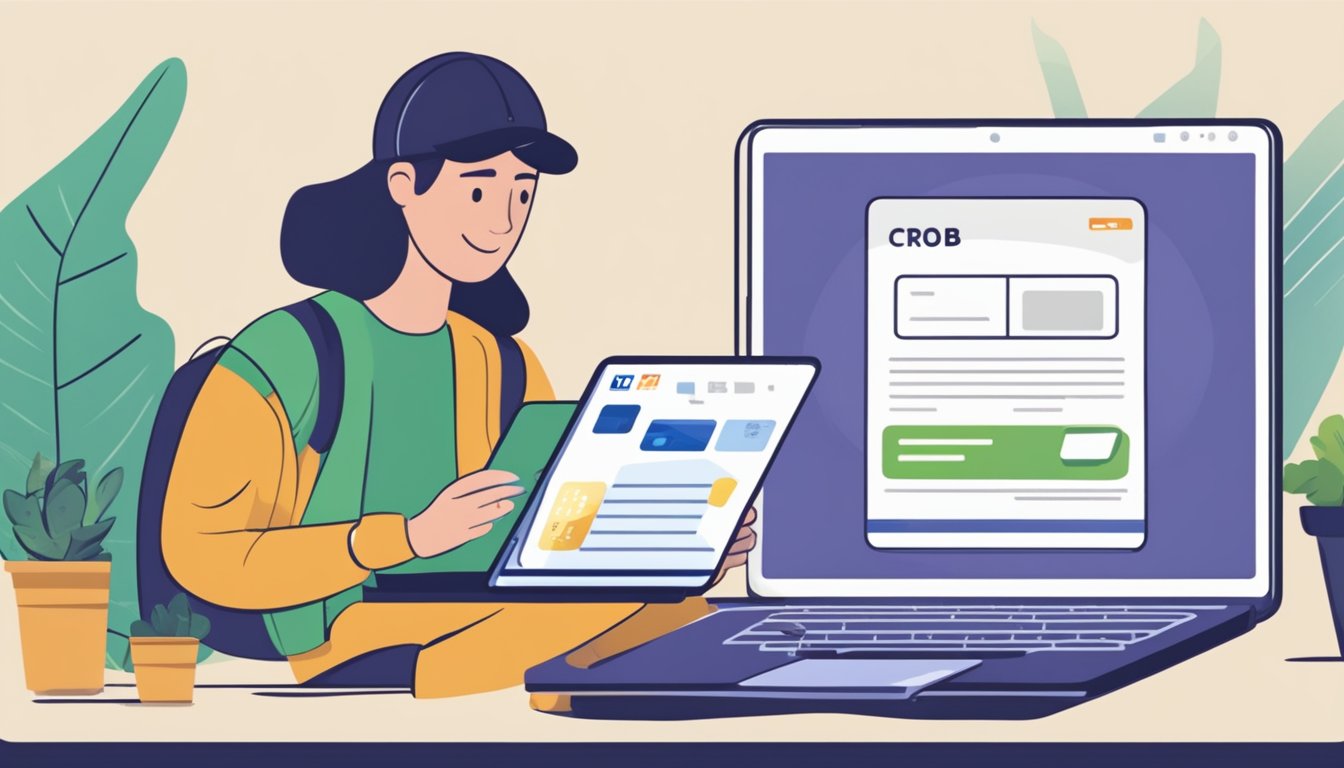 A person typing on a laptop, with a UOB credit card and a smartphone nearby. A FAQ page on increasing credit card limit is displayed on the laptop screen