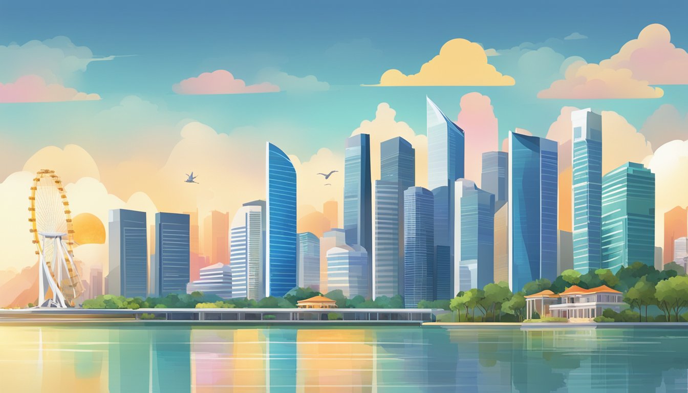A serene Singapore skyline with various passive income sources like rental properties, dividends, and royalties displayed in the foreground
