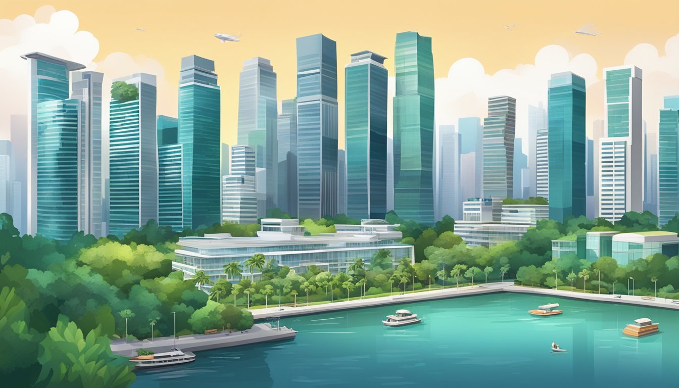 A bustling city skyline with modern skyscrapers and luxury apartments, surrounded by lush greenery and pristine waterfronts in Singapore