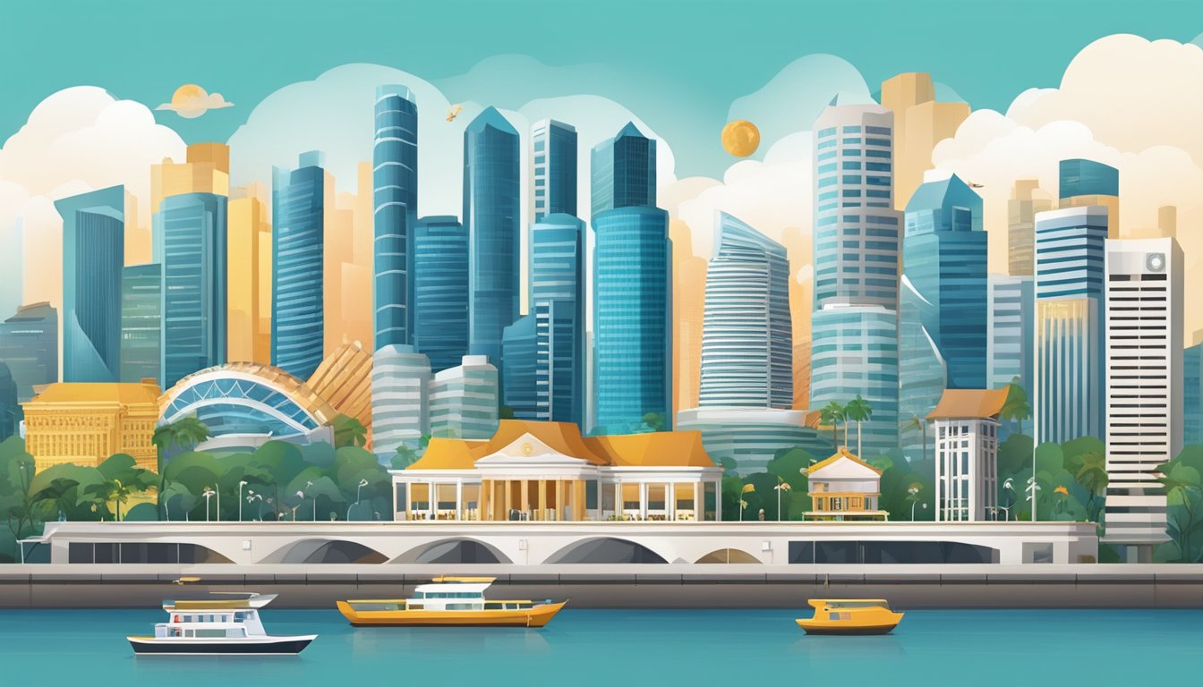 A bustling Singapore cityscape with skyscrapers and financial institutions, surrounded by symbols of wealth and investment opportunities