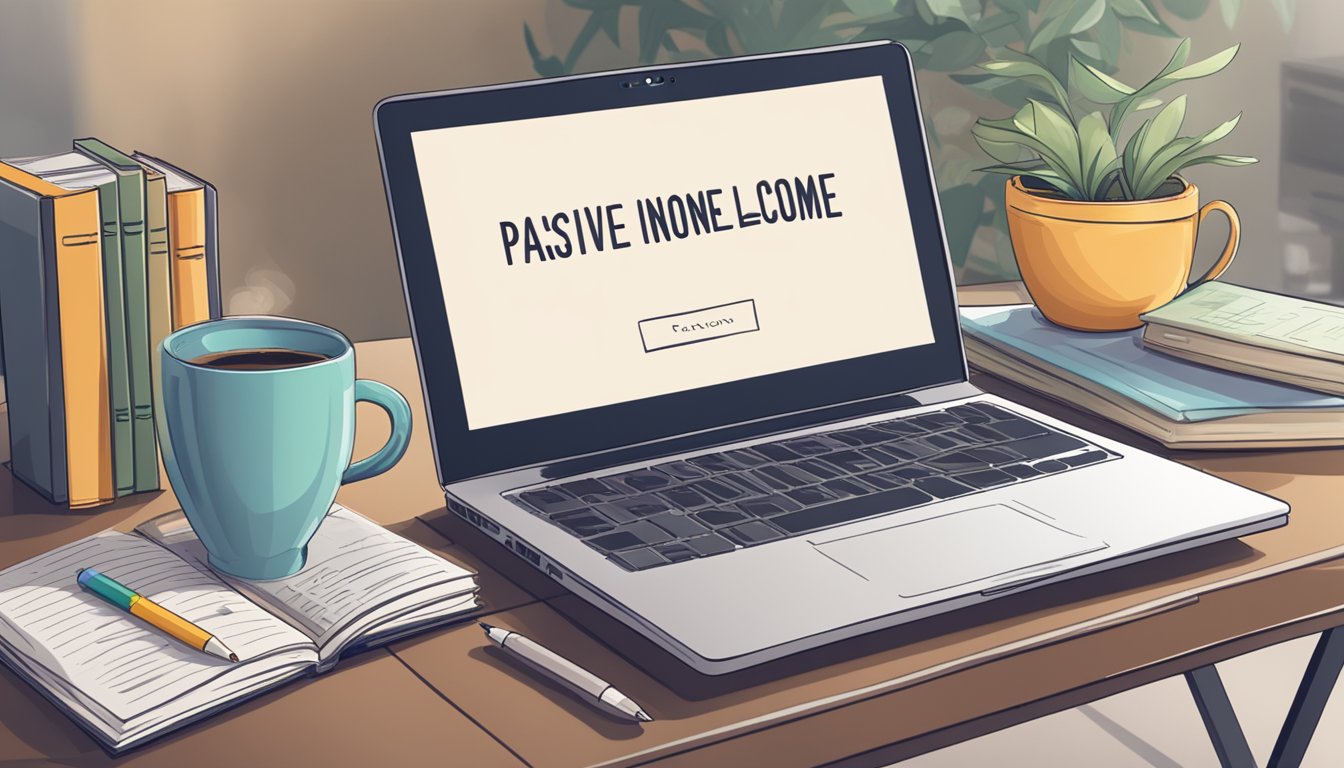 A laptop on a desk with a stack of books, a cup of coffee, and a notepad with the words "passive income" written on it