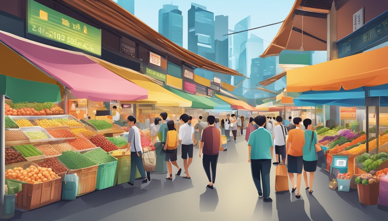 A bustling Singaporean market with diverse products and vibrant signage, showcasing the fusion of traditional and modern business marketing strategies