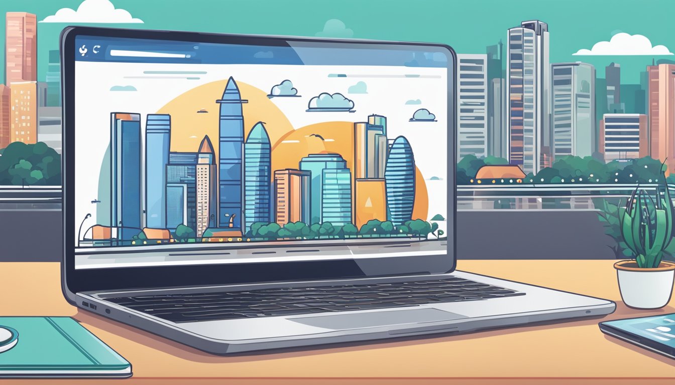 A laptop displaying various online platforms, with the Singapore skyline in the background. Icons of social media, e-commerce, and advertising are visible