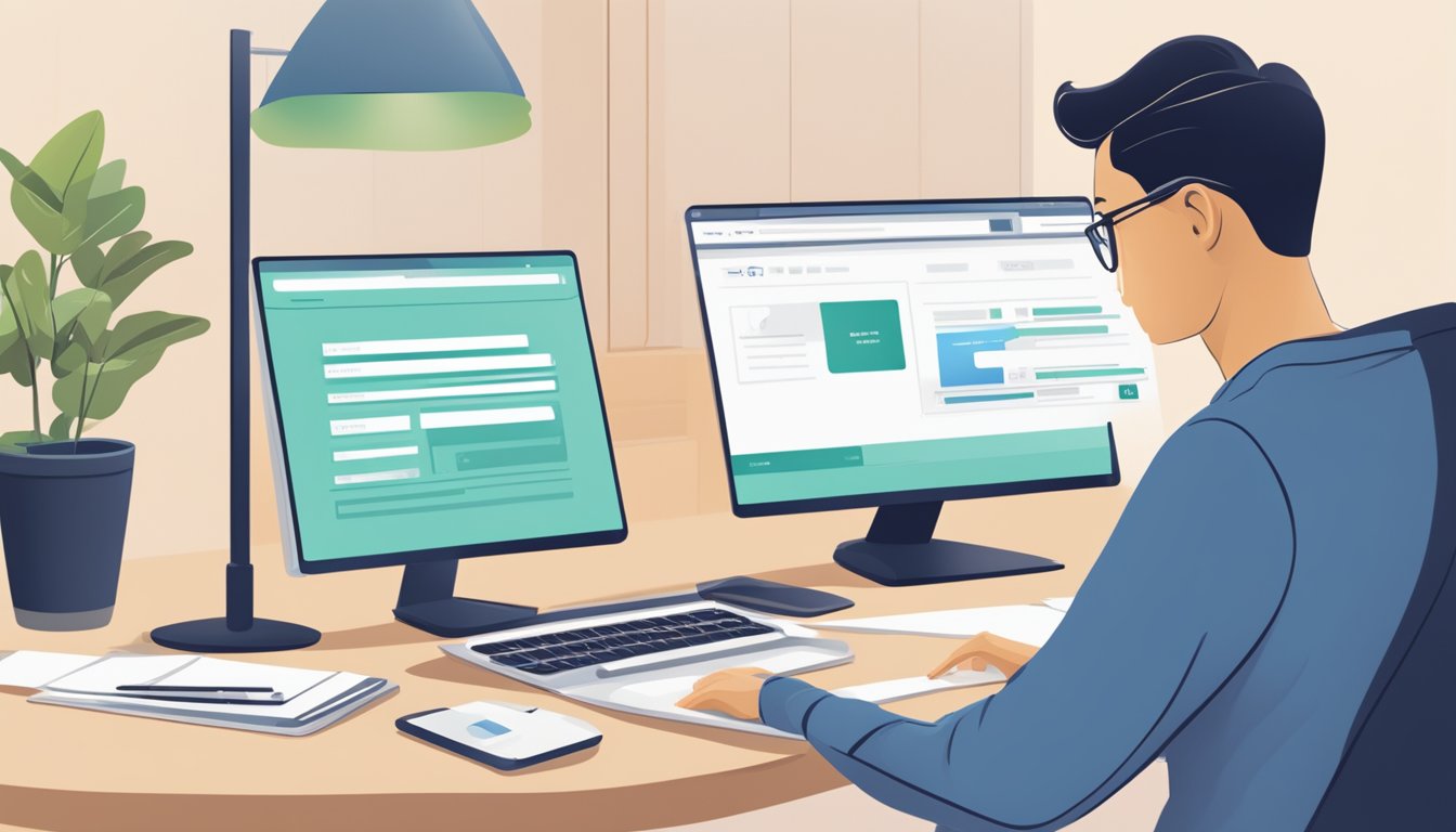 A person using a computer to access a bank's website, filling out forms to open a CDA account in Singapore