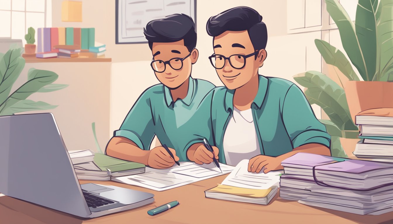 A parent sits at a desk with a laptop, filling out forms. A piggy bank and a stack of books are nearby. A sign on the wall reads "Child Development Account (CDA) - How to open CDA account Singapore."