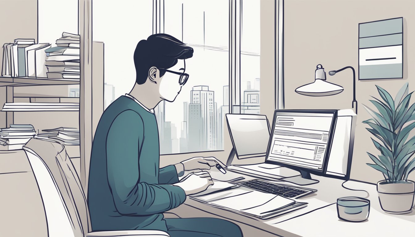 A person sitting at a desk, using a computer to open a CDA account in Singapore. Documents and a pen are nearby