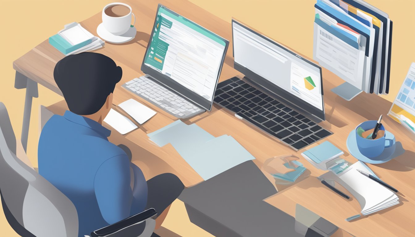A person sitting at a desk, using a computer to open a CDA account in Singapore. Documents and a pen are scattered on the desk