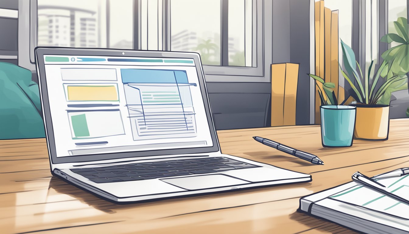 A laptop screen displaying the CDA account opening process in Singapore, with a pen and paper nearby for note-taking