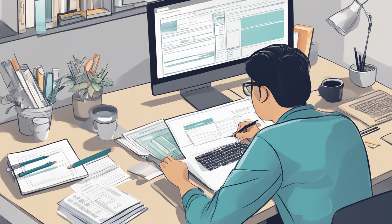 A person sitting at a desk with a laptop, filling out forms to open a CDA account in Singapore. The desk is cluttered with papers and a pen