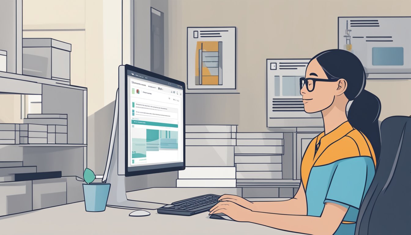 A person sitting at a computer, navigating the AXS Singapore website to pay the maid levy online. The screen displays the payment options and a progress bar indicating the transaction's status