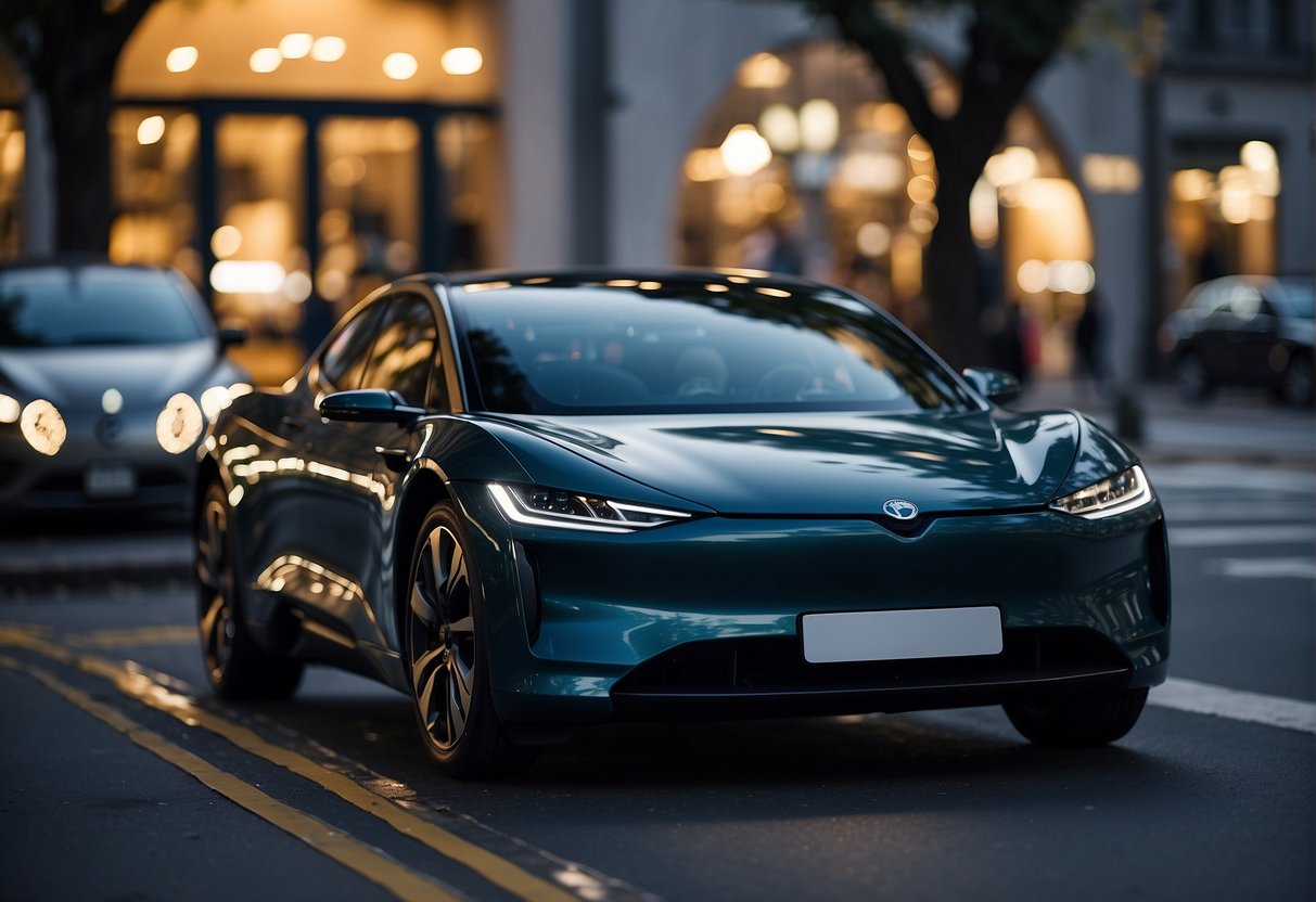 Electric car driving through city, passing by charging stations and emitting zero emissions