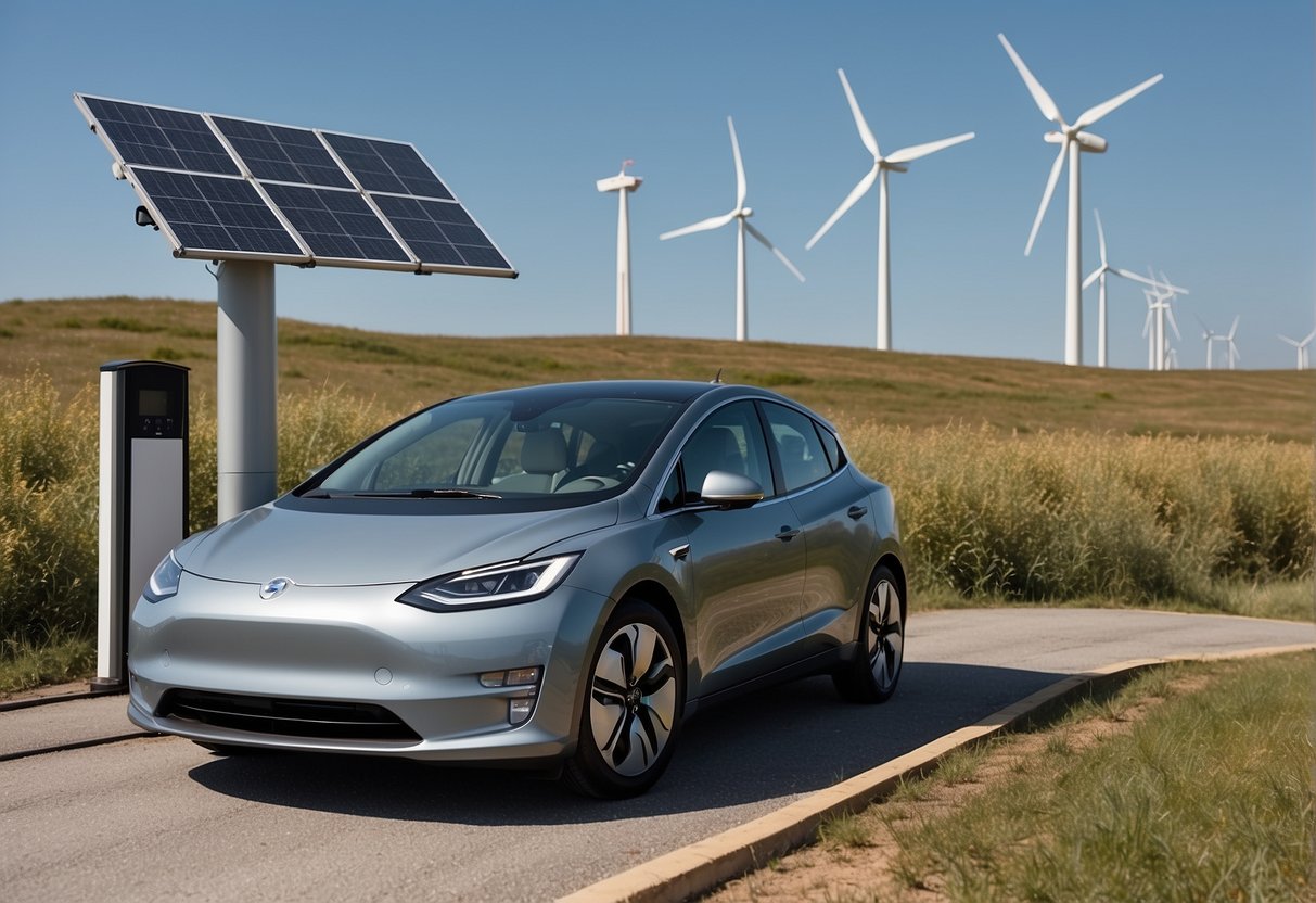 A charging electric car next to a solar panel, with a graph showing cost savings and a wind turbine in the background