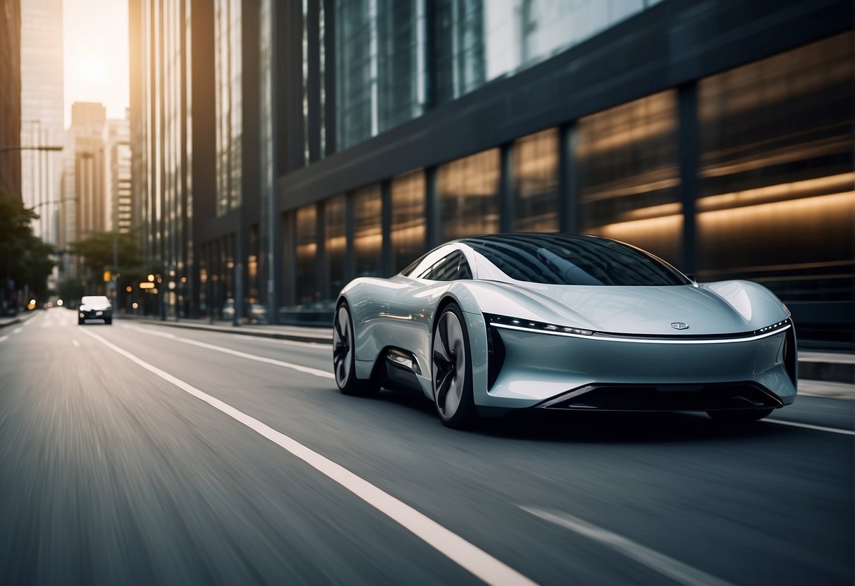 A sleek electric car glides through a futuristic city, surrounded by clean energy infrastructure and smart technology