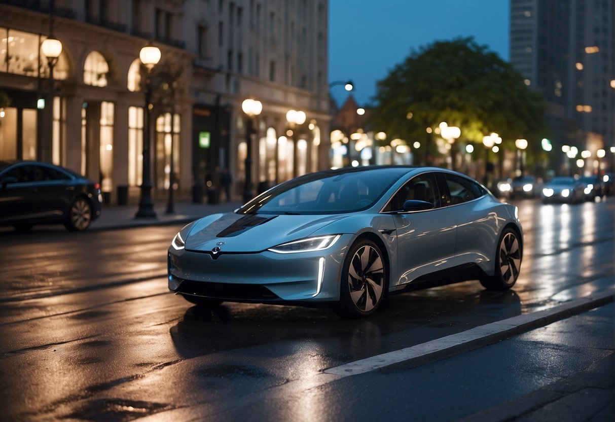 A city street with electric cars, clear signage indicating government incentives for electric vehicles