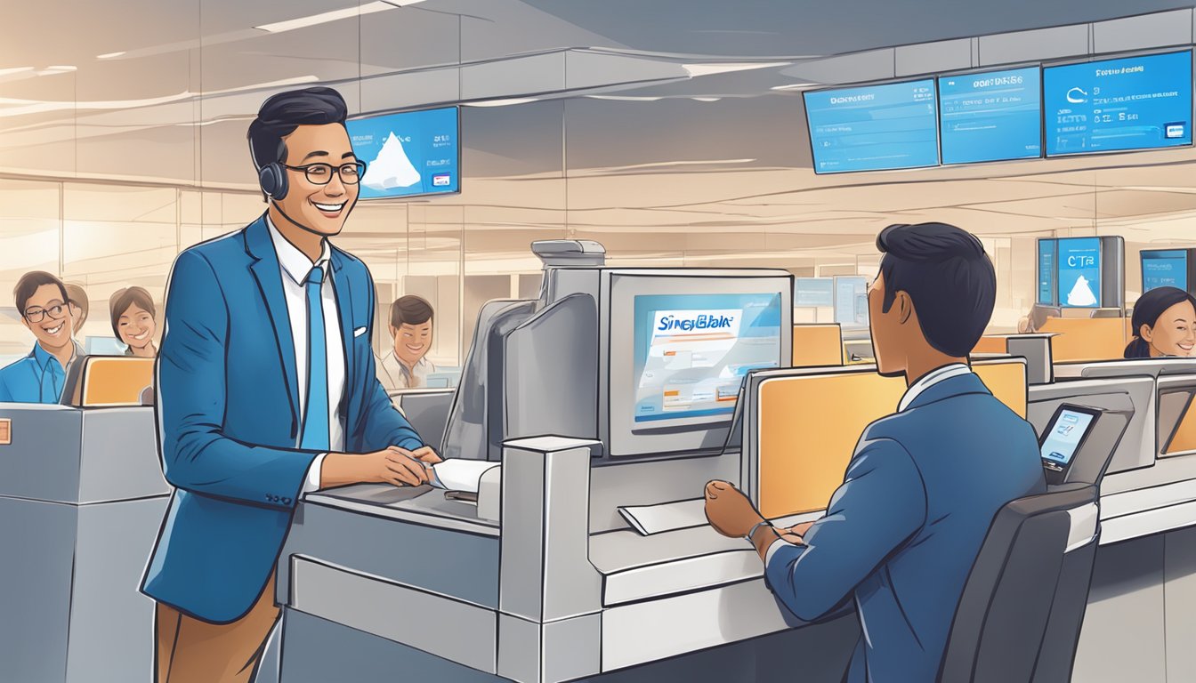 A traveler redeeming Citi Miles for a flight to Singapore at a Citi bank counter, with a smiling representative assisting them