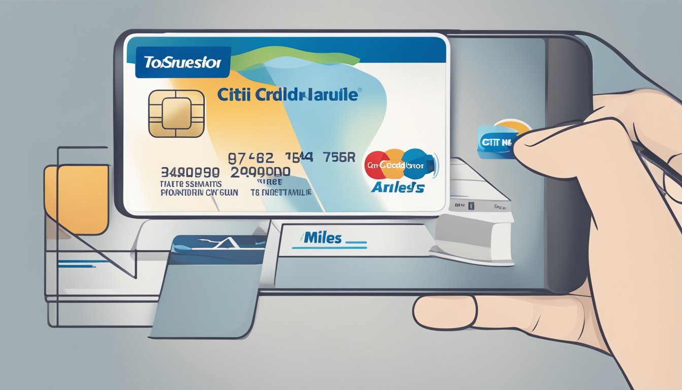 A hand holding a Citi credit card and tapping on a smartphone to redeem miles for a flight to Singapore. The screen displays a step-by-step guide to the redemption process